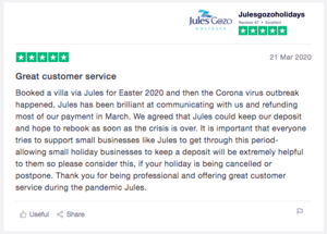 Jules Gozo Holidays Review - An example of a customer review given through excellent customer service during COVID19
