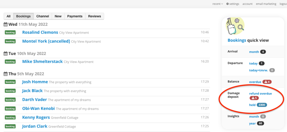 Bookster Dashboard - Damage Deposit Held - Screen grab highlighting where the amount of damage deposit being held (© 2022 Bookster) Bookster Dashboard - Damage Deposit Held - Screen grab highlighting where the amount of damage deposit being held (© 2022 Bookster)