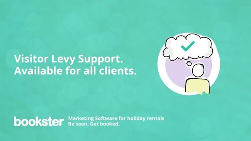 Visitor Levy - Text reads "Visitor Levy Support. Available for all clients", with a Bookster logo on a green background.