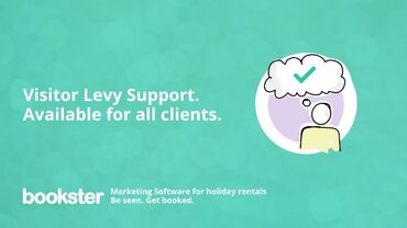 Visitor Levy - Text reads "Visitor Levy Support. Available for all clients", with a Bookster logo on a green background.