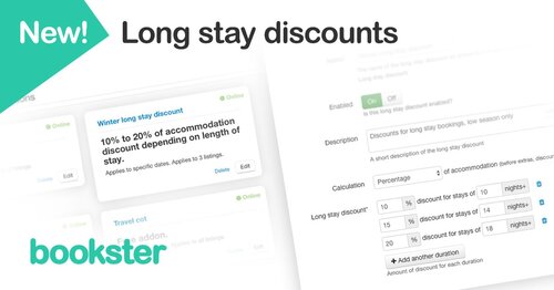 Flexible Long Stay Discount for holiday rentals - Launch of the updated Long Stay Discounts feature within Bookster property management system for holiday rentals.