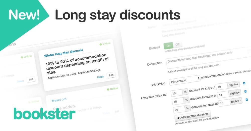 Flexible Long Stay Discount for holiday rentals - Launch of the updated Long Stay Discounts feature within Bookster property management system for holiday rentals. Flexible Long Stay Discount for holiday rentals - Launch of the updated Long Stay Discounts feature within Bookster property management system for holiday rentals.