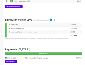Booking Financial Breakdown - Edinburgh Visitor Levy, accommodation costs, agent fees, and payment status for a booking. (© 2026 Bookster) Booking Financial Breakdown - Edinburgh Visitor Levy, accommodation costs, agent fees, and payment status for a booking. (© 2026 Bookster)