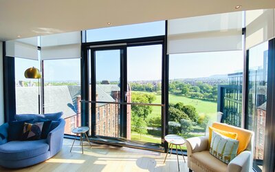 Living room - Spectacular views over Edinburgh and beyond from this 6th-floor luxury self-catering apartment.