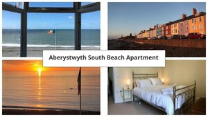 Case Study: Aberystwyth South Beach Apartment - 4 images from holiday apartment, Aberystwyth South Beach Apartment, double bedroom, views from the windows over the coast, and sunset over the water.