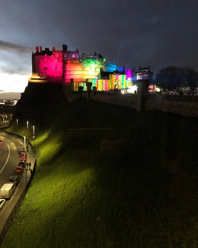 View - Edinburgh Castle looks spectacular during a laser show. View from the apartment. View - Edinburgh Castle looks spectacular during a laser show. View from the apartment.
