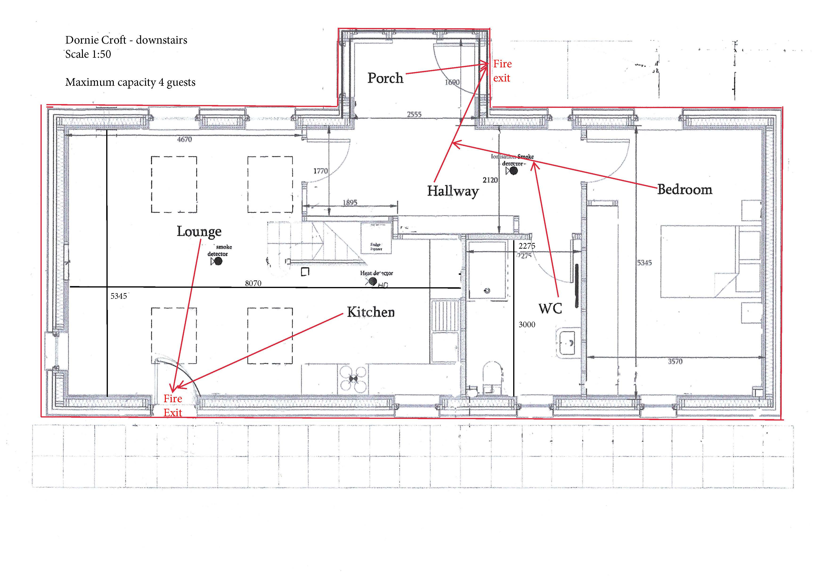 DornieCroft-floorplan_Page_1 - Downstairs floor plan with fire exits marked