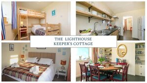Lighthouse Keeper's Cottage - 4 photos from inside Lighthouse Keeper's Cottage, a double bedroom with tartan blanket, a galley kitchen, a room with bunk bed and a dining area with a table and 6 seats.