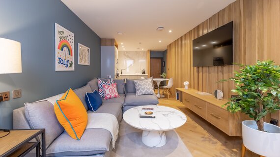 Living Room - Superb open-plan living room and a fully equipped kitchen with a clean, contemporary design.