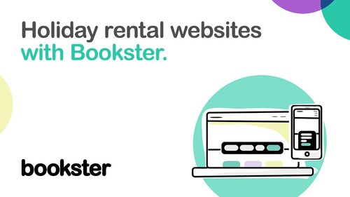Instant websites - Text "Holiday rental websites with Bookster", a Bookster logo and an icon of a website and a mobile phone. Instant websites - Text "Holiday rental websites with Bookster", a Bookster logo and an icon of a website and a mobile phone.
