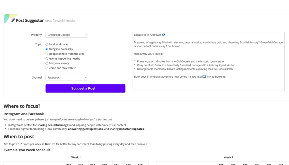 Screenshot of Bookster Post Suggestions - Bookster can suggest some social media content for you based on your properties details (© 2025 Bookster)