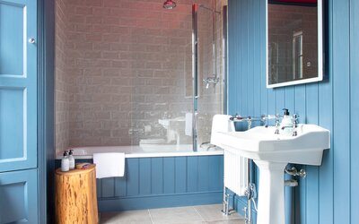 Bathroom in Self-Catered Cottage - Elegant bathroom featuring premium products, a decorative log accent and thoughtfully designed details, creating a relaxing atmosphere.