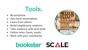 Slide 3 from the Scale Rentals and Bookster event - A list of tools for your tool box and logo of Bookster and Scale Rentals