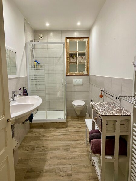 Bathroom, with shower, double sinks and toilet