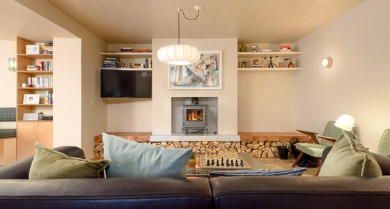 Living area - Bright, spacious open living area, feature a log burning stove, and log feature fire place in North Berwick holiday home.