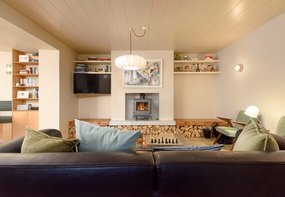 Living area - Bright, spacious open living area, feature a log burning stove, and log feature fire place in North Berwick holiday home.