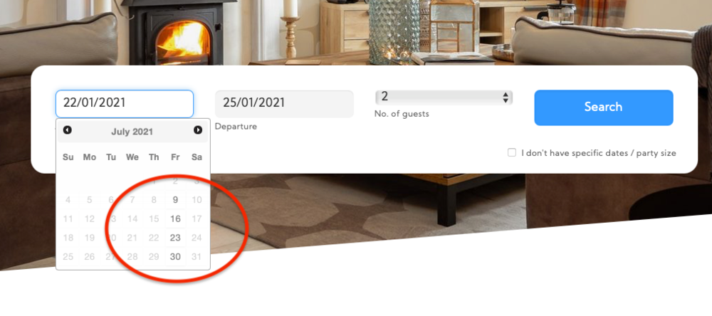 Smart Date Search - Only the available arrival dates are shown as selectable (© 2020 Bookster) Smart Date Search - Only the available arrival dates are shown as selectable (© 2020 Bookster)