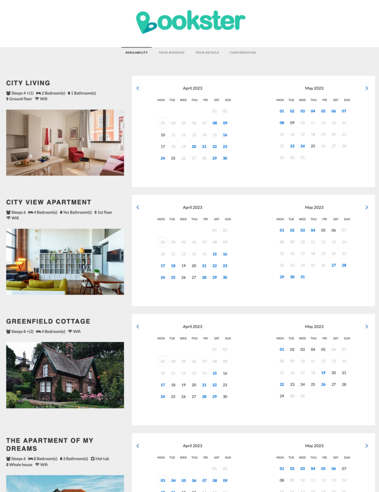 Screen Grab of Multiple Calendars in Bookster - Jump off your website onto a page that shows the Guest multiple property calendars (© 2023 Bookster)