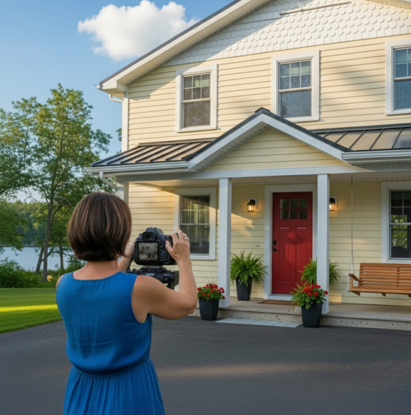 Woman taking photo of a house