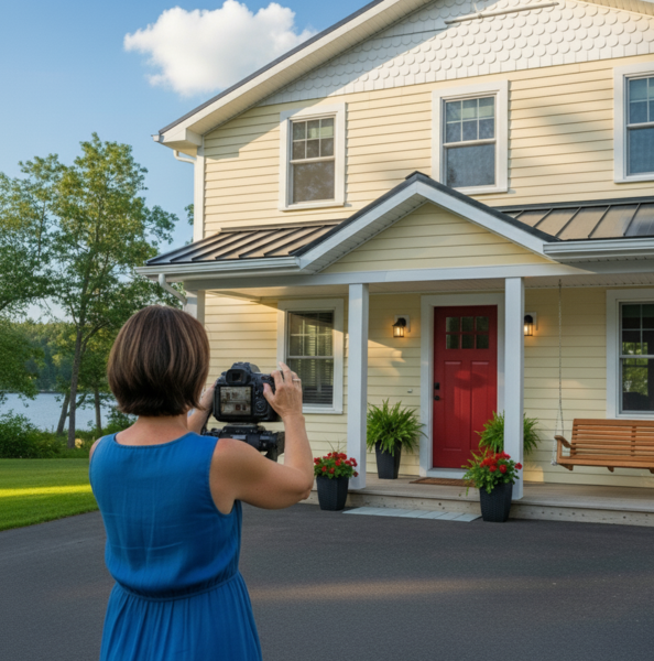 Woman taking photo of a house