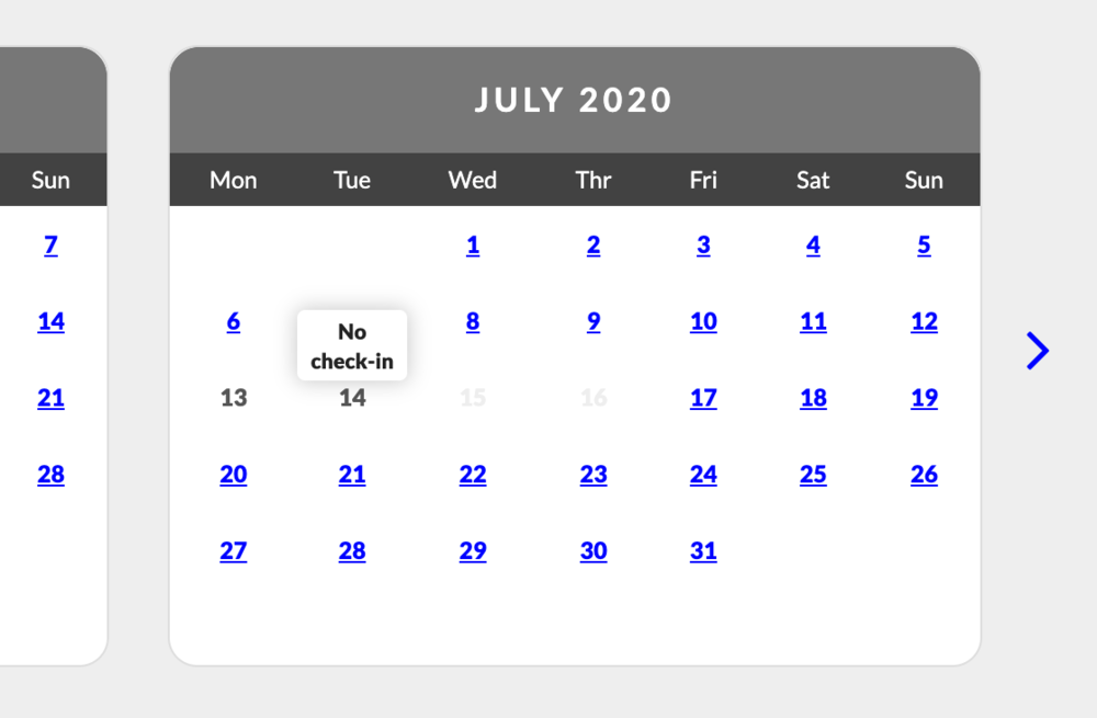 booking screens no check in - Guests can now hover over an unavailable date and see that there is no check in available on that date (© Bookster 2020) booking screens no check in - Guests can now hover over an unavailable date and see that there is no check in available on that date (© Bookster 2020)