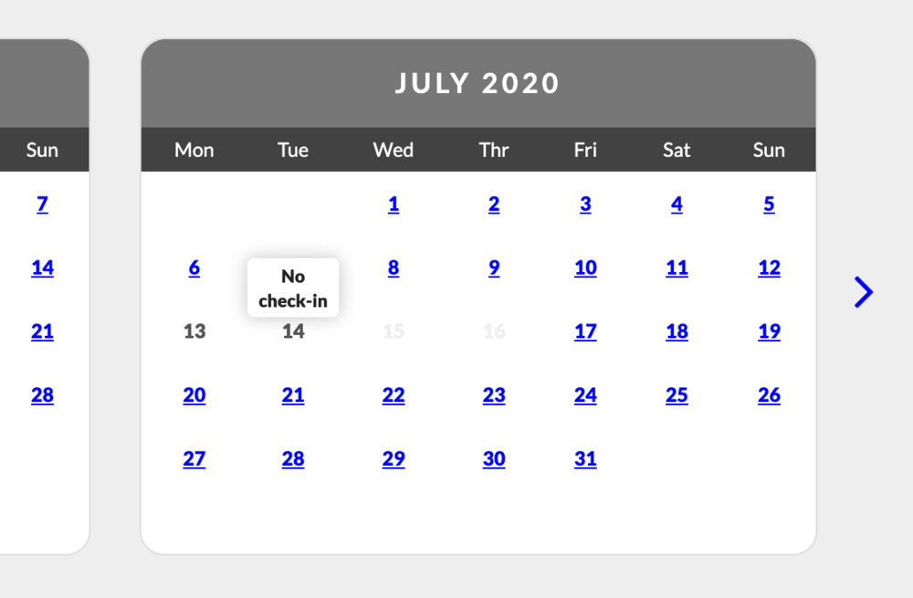 booking screens no check in - Guests can now hover over an unavailable date and see that there is no check in available on that date (© Bookster 2020)