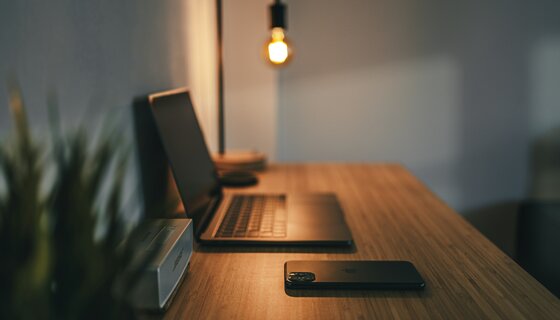 Holiday homes with dedicated workspace - Desk adorned with a lamp, laptop, mobile phone and a plant. (© Remy Loz) Holiday homes with dedicated workspace - Desk adorned with a lamp, laptop, mobile phone and a plant. (© Remy Loz)