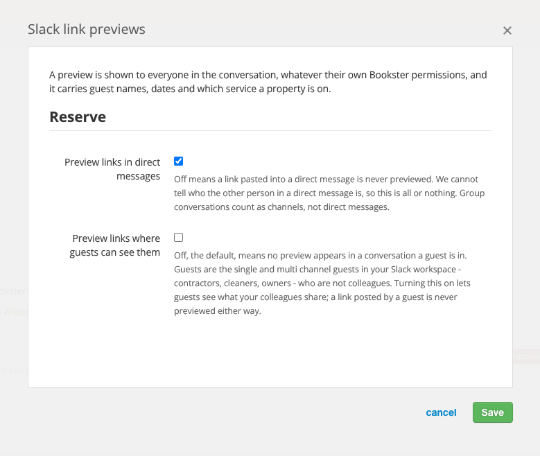 Slack Integration settings - Decide who should be able to see previews of Bookings inside Slack (© 2026 Bookster)