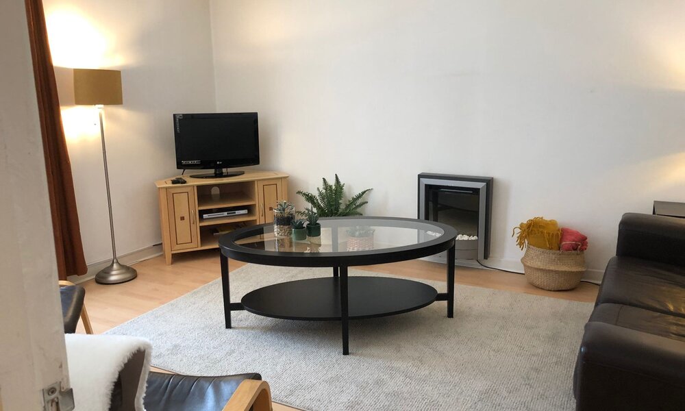 Living room - Contemporary living room featuring fire and leather sofa in Edinburgh holiday home.