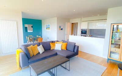 Kitchen/Dining/Living Room - Contemporary open-plan living room/dining room/kitchen in Edinburgh holiday home.