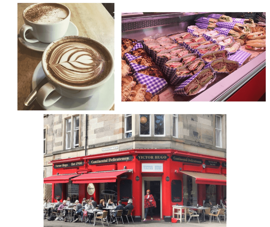 Victor Hugo coffee in Edinburgh - An outdoor view of a cafe exterior painted red, a coffee and a selection of sandwiches.