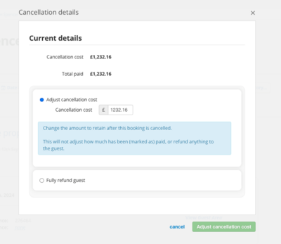 Cancellation Cost: update - The modal interface to Update the Cancellation Cost inside Bookster (© 2024 Bookster)