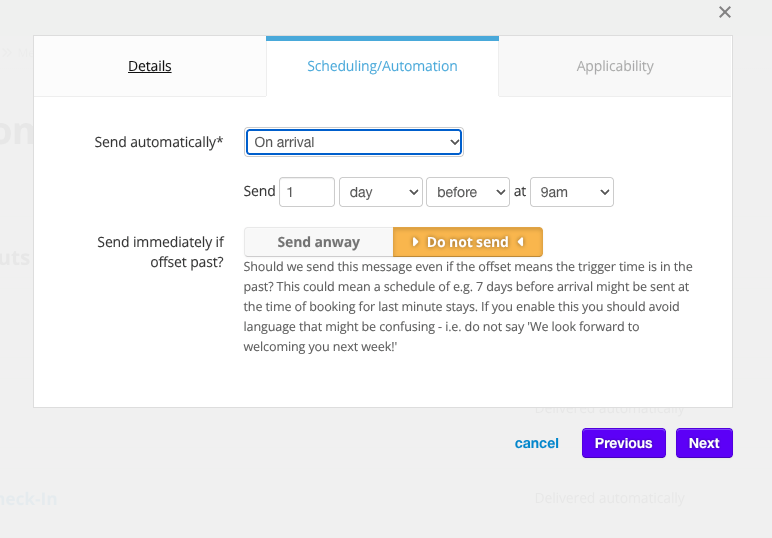 Scheduling a Message in Bookster - When do you want your message to go out the the Guest? (© 2026 Bookster) Scheduling a Message in Bookster - When do you want your message to go out the the Guest? (© 2026 Bookster)