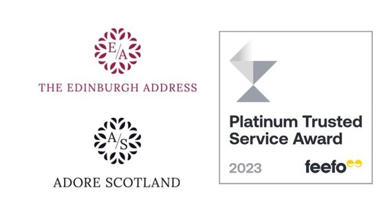 Platinum Trusted Service Award - Logos of The Edinburgh Address and Adore Scotland with the Platinum Trusted Service Award for 2023