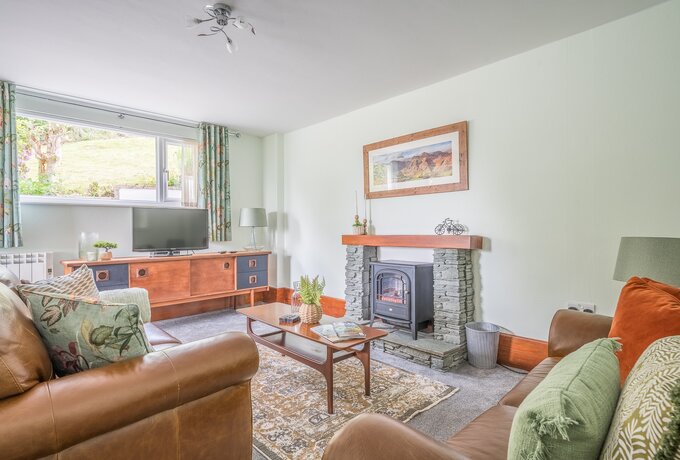 Lounge/dining nook - Spacious lounge area with 2 leather sofas, plump cushions, throws, coffee table, electric stove and smart TV.  A dining nook to one side with table and 4 chairs.