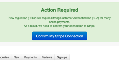 Update Stripe <-> Bookster - Bookster may ask you to confirm your Stripe connection with Bookster to comply with new EU regulations when they come in (© 2019 Tribalogic Limited) Update Stripe <-> Bookster - Bookster may ask you to confirm your Stripe connection with Bookster to comply with new EU regulations when they come in (© 2019 Tribalogic Limited)