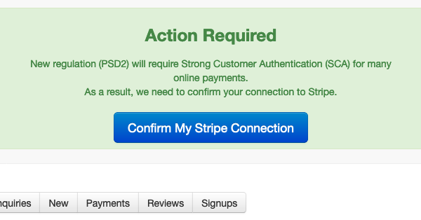 Update Stripe <-> Bookster - Bookster may ask you to confirm your Stripe connection with Bookster to comply with new EU regulations when they come in (© 2019 Tribalogic Limited)