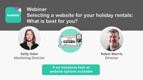 Replay | Selecting a website for your holiday rentals: What is best for you? - Webinar | Selecting a website for your holiday rentals: What is best for you? 
Image of Bookster logo, and Kelly Odor, Marketing Director of Bookster. Icon to reserve your seat on 14 June 2023 at 11am BST
