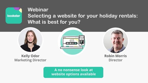 Replay | Selecting a website for your holiday rentals: What is best for you? - Webinar | Selecting a website for your holiday rentals: What is best for you? 
Image of Bookster logo, and Kelly Odor, Marketing Director of Bookster. Icon to reserve your seat on 14 June 2023 at 11am BST