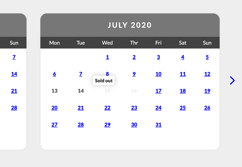 booking screens-sold-out - Guests can now hover over an unavailable date and see that there it is sold out on that date (© Bookster 2020)