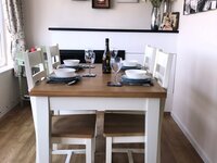 Extendable family Dining Table with blue china