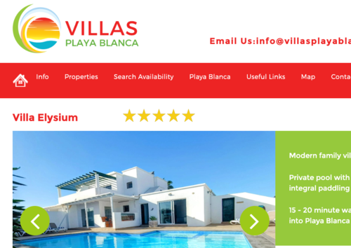 Screen Grab of villasplayablanca.co.uk - A white multi-story villa with a blue swimming pool in the foreground. (© villasplayablanca.co.uk)