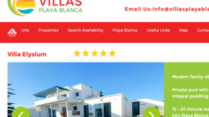 Screen Grab of villasplayablanca.co.uk - A white multi-story villa with a blue swimming pool in the foreground. (© villasplayablanca.co.uk)