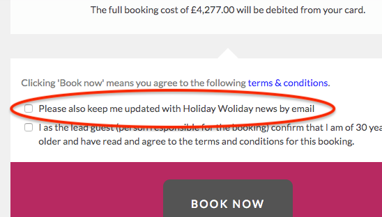 Marketing Opt In - Guests can opt in to receive marketing emails when they book via Booskter (© 2018 Tribalogic Limited)