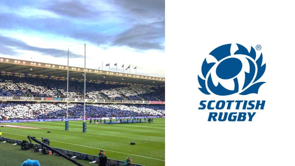 Edinburgh's Rugby Stadium - BT Murrayfield Stadium, filled with visitors and a logo of Scottish Rugby. (© Calum404 on Wiki Images)