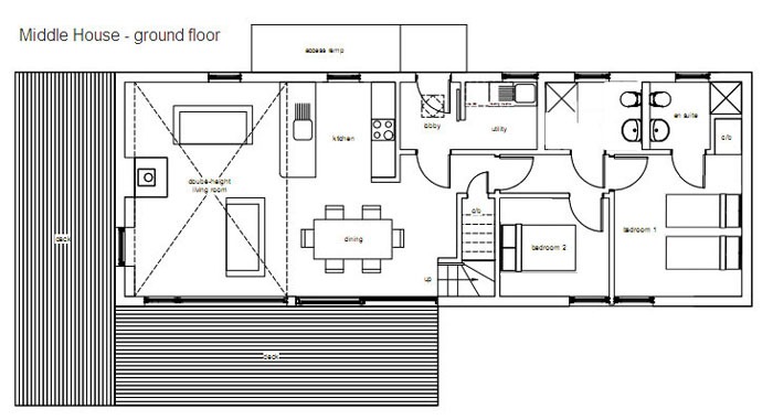 MH ground floor - Layout of the ground floor and deck (A Hebridean Homes style 402)