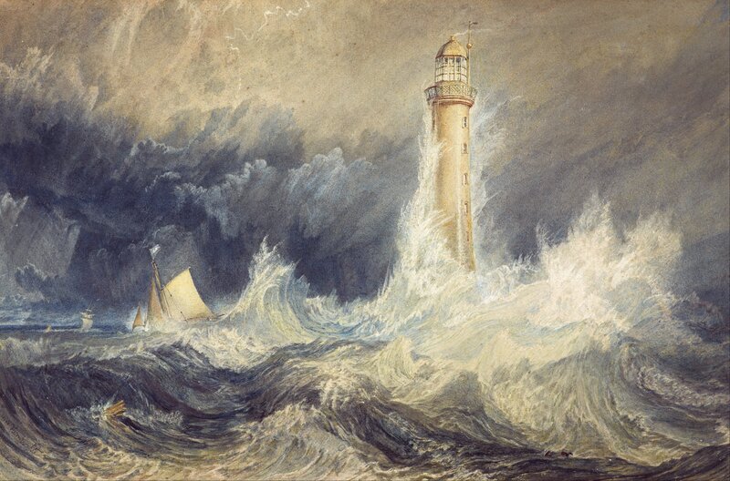 Bell Rock Lighthouse by Turner - A lighthouse and small boats surrounded by dark skies and foreboding waves. (© J. M. W. Turner - wikimedia.org)